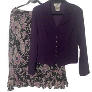 Vtg KARIN STEVENS 2 Pc Set Purple Floral Midi Ruffle Skirt Blouse 80s Womens 10